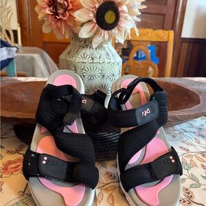 Ryka Black and Pink Crisscross Sandals